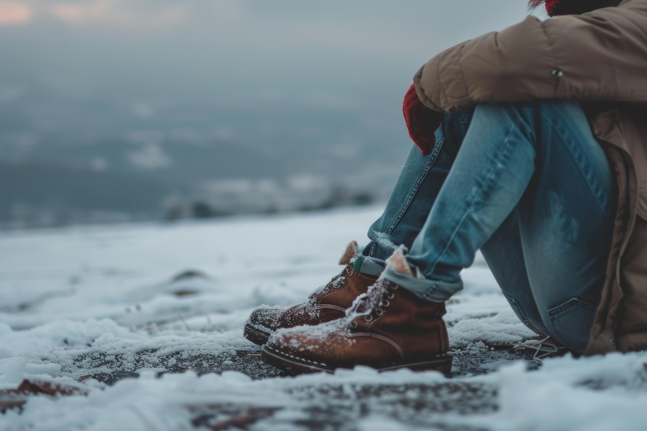 Karge Winterlandschaft mit einer kauernden Person im Vordergrund